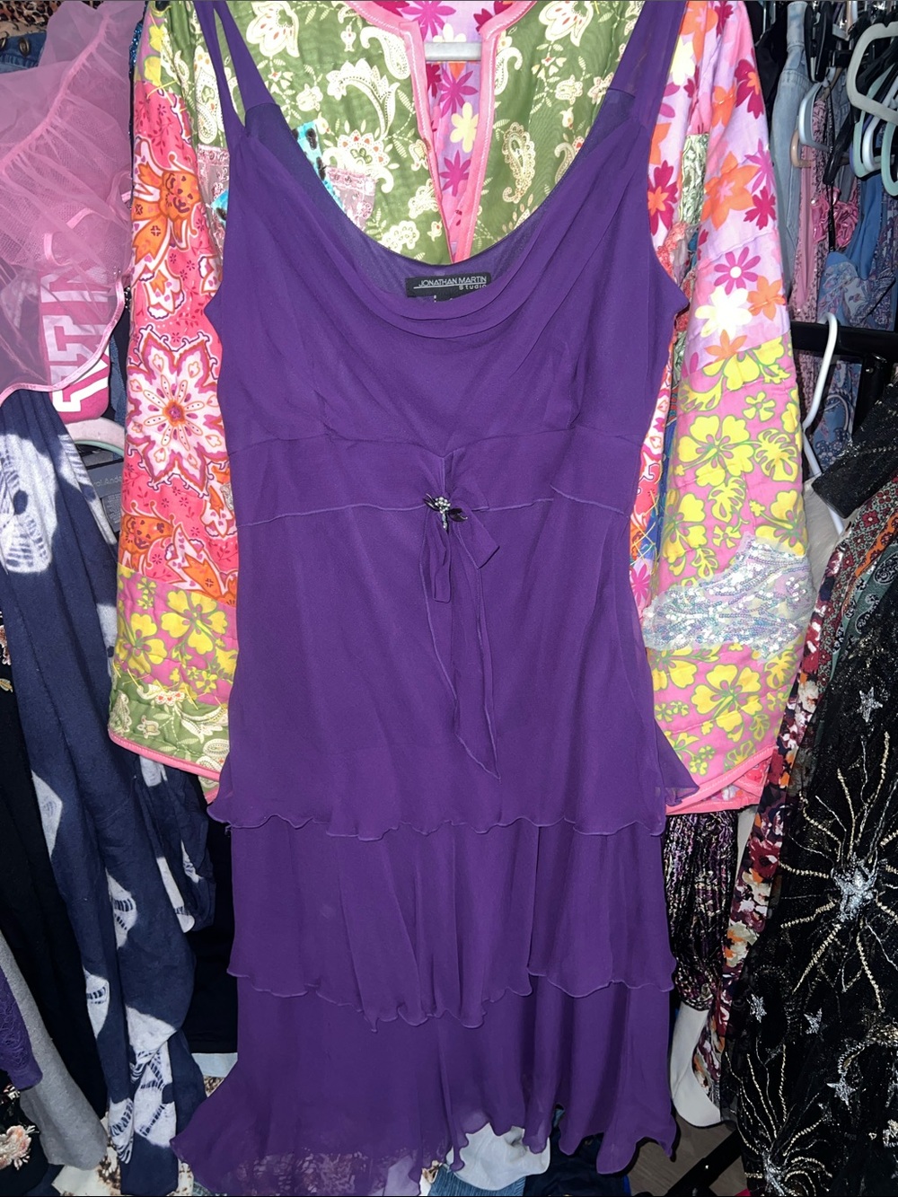 Y2K silk whimsy goth Purple Tiered Spaghetti-Strap Maxi Dress with dragonfly